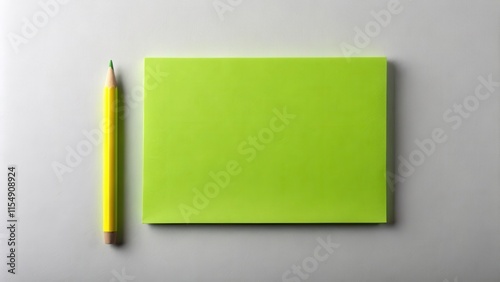 A lime green sticky note and a yellow pencil rest on a gray surface, ready for your ideas.