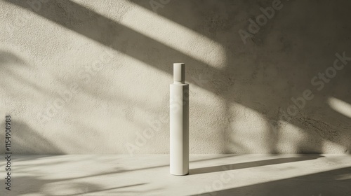 Minimalist white bottle in sunlight against textured wall.