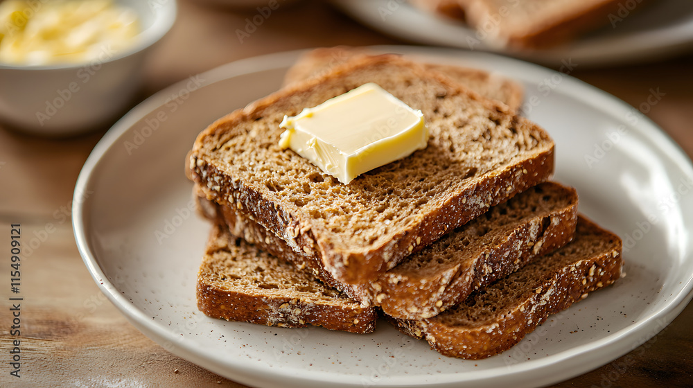 Dense Icelandic Rye Bread Slices Served with Butter on Plate Dense Icelandic Rye Bread Slices Served with Butter on Plate