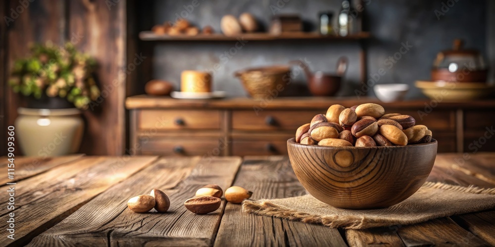 A rustic wooden bowl brimming with nutritious nuts sits on a weathered table, the kitchen's warm ambiance adding to the scene's charm.