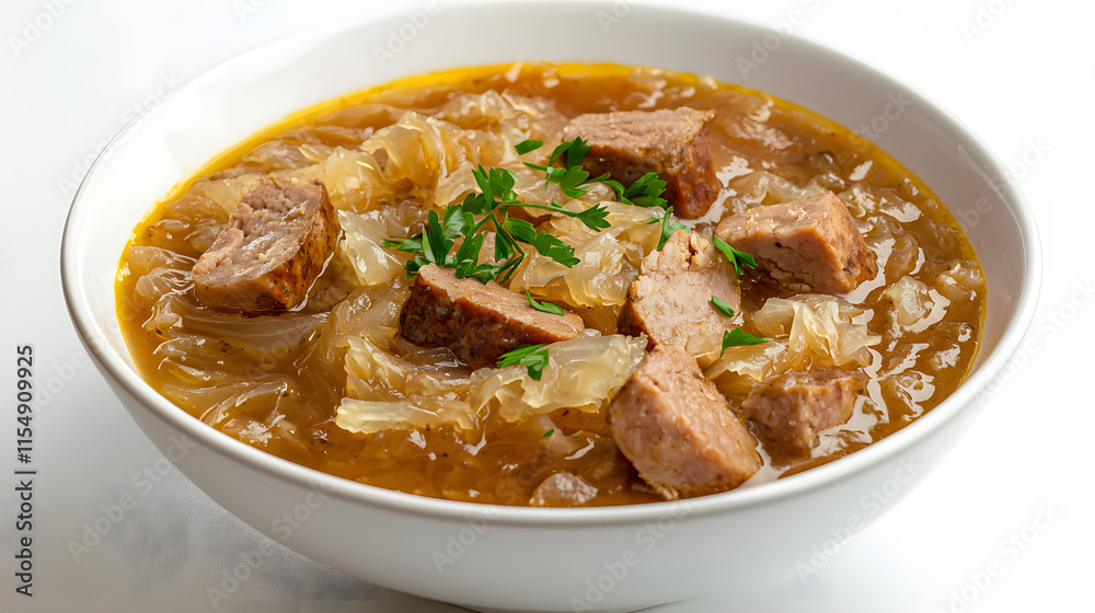 Rich Polish Stew with Sauerkraut and Pork in a White Bowl Rich Polish Stew with Sauerkraut and Pork in a White Bowl