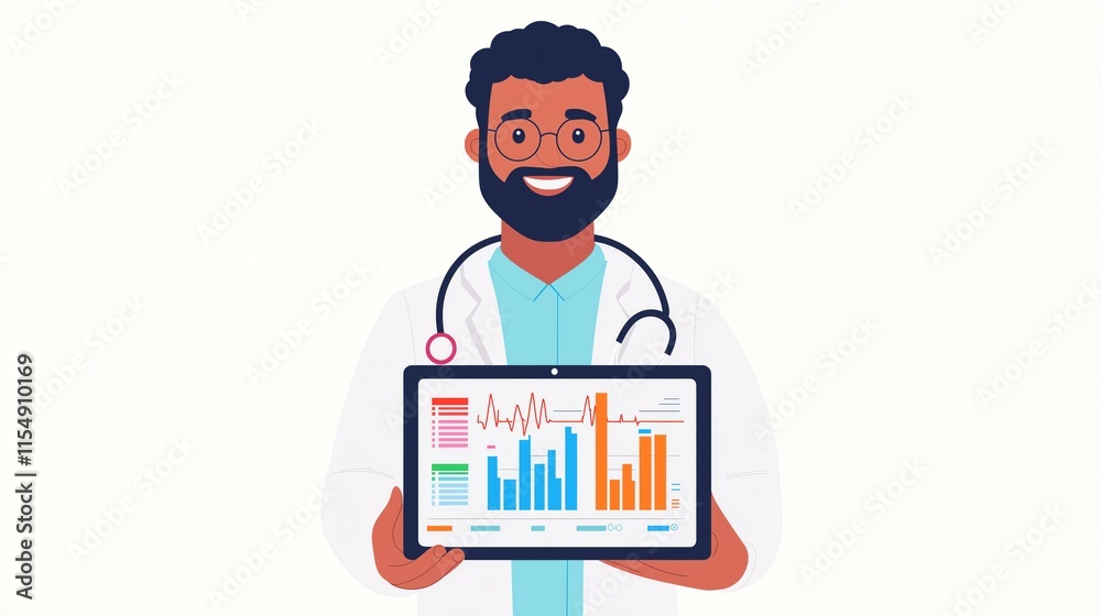 A smiling cartoon doctor holding a digital tablet with health data statistics and graphs. A smiling cartoon doctor holding a digital tablet with health data statistics and graphs.