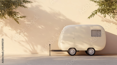 vintage food trailer parked against smooth wall, surrounded by greenery, exuding nostalgic charm. unique design and soft colors create serene atmosphere photo