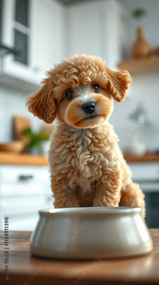 A tiny poodle puppy is playfully loosening up while sitting in a food bowl in a bright kitchen. The cheerful pup showcases adorable curls and vibrant energy A tiny poodle puppy is playfully loosening up while sitting in a food bowl in a bright kitchen. The cheerful pup showcases adorable curls and vibrant energy