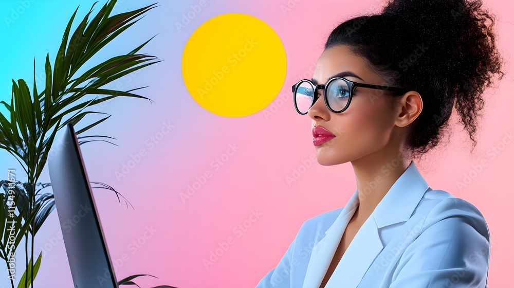 Modern Professional Woman in Round Glasses, Working on a Laptop with Vibrant Pastel Background, Yellow Sun Element, Green Plant Accent, Stylish and Creative Workspace Vibe Modern Professional Woman in Round Glasses, Working on a Laptop with Vibrant Pastel Background, Yellow Sun Element, Green Plant Accent, Stylish and Creative Workspace Vibe
