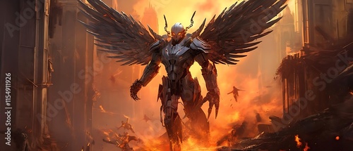 Robotic angel amidst fiery ruins, large wings, apocalyptic scene.