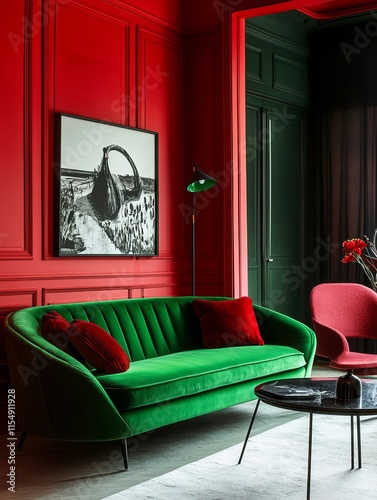 Red walls green velvet sofa modern interior design