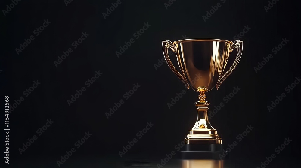Gleaming golden trophy cup with space for text on a black background Symbol of victory success and pride for champions in sports competitions or contests Represents great achievements
