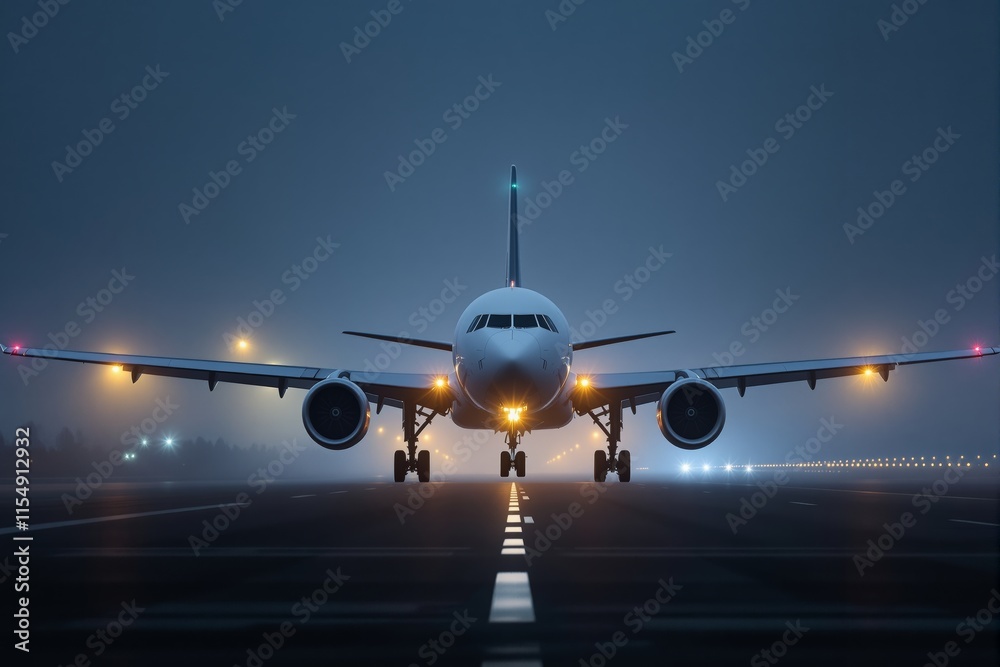 Fototapeta premium Front view of an airplane on a runway at night with glowing lights in a foggy atmosphere.