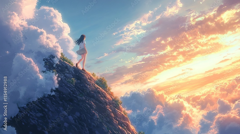 Graceful young woman ascending a majestic mountain under a dramatic cloud-filled sky, illustrated in vibrant japanese anime style