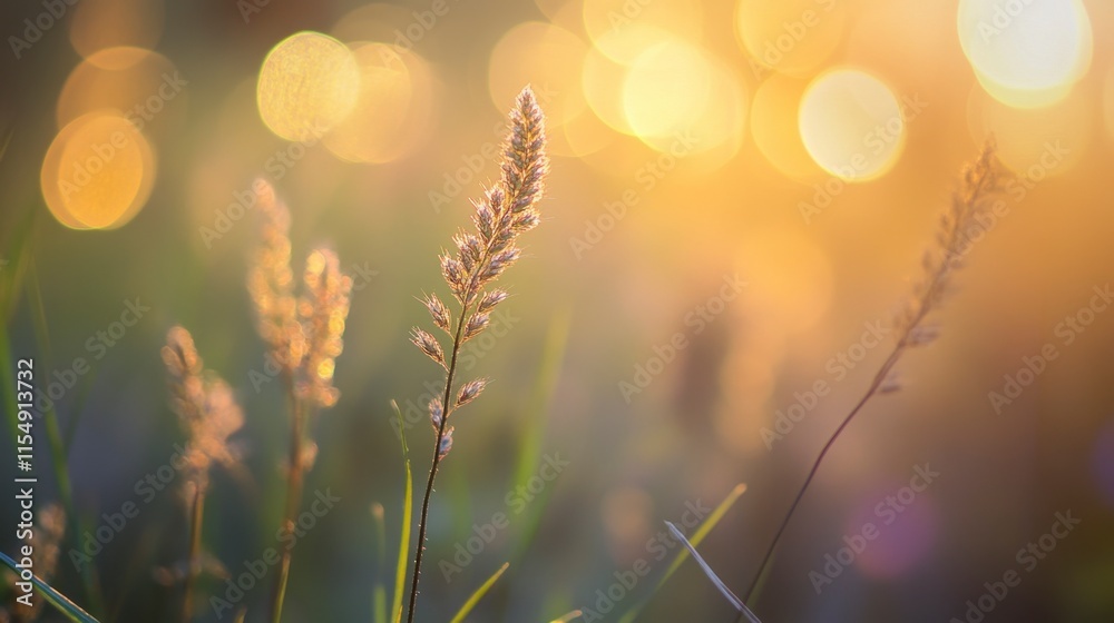Obraz premium Golden Hour Meadow Grass, Sunset Bokeh Background