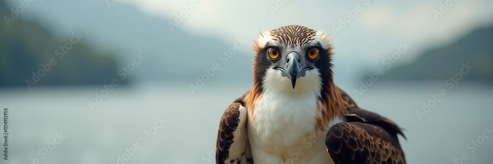 Intense Gaze of an Osprey Bird of Prey against a Serene Lakeside Backdrop with Misty Mountains and Soft Hues Intense Gaze of an Osprey Bird of Prey against a Serene Lakeside Backdrop with Misty Mountains and Soft Hues