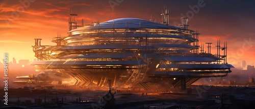 Futuristic city sunset; a large, domed space station-like structure with intricate architecture sits on a desolate planet.