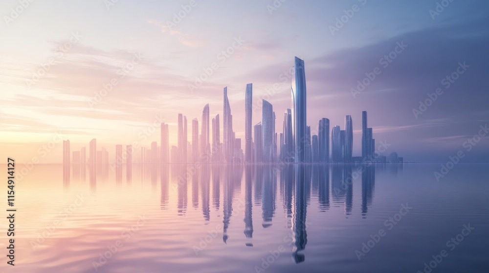 sleek buildings reflects on clam water, futuristic skyline background