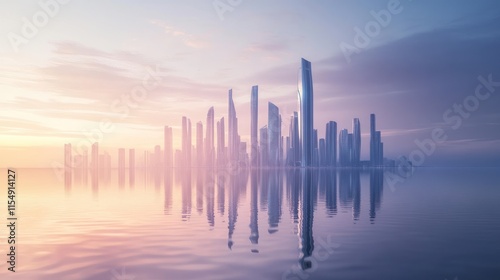 sleek buildings reflects on clam water, futuristic skyline background