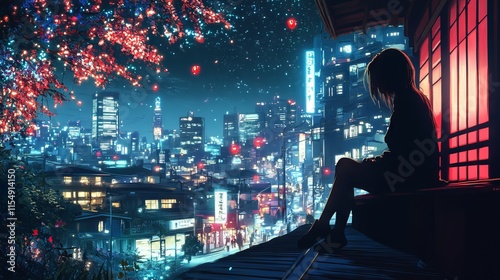 Anime style vector illustration of a young woman relaxing outdoors against a vibrant futuristic cityscape with neon lights and modern architecture