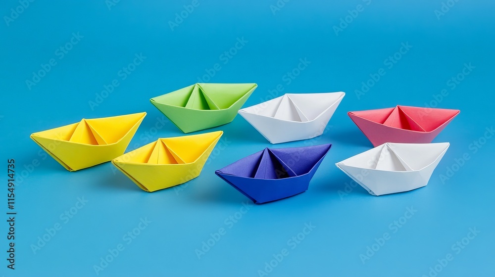 Leadership concept depicted with paper boats A yellow origami ship leads a fleet of white ones on a blue background representing business competition and leadership Leadership concept depicted with paper boats A yellow origami ship leads a fleet of white ones on a blue background representing business competition and leadership