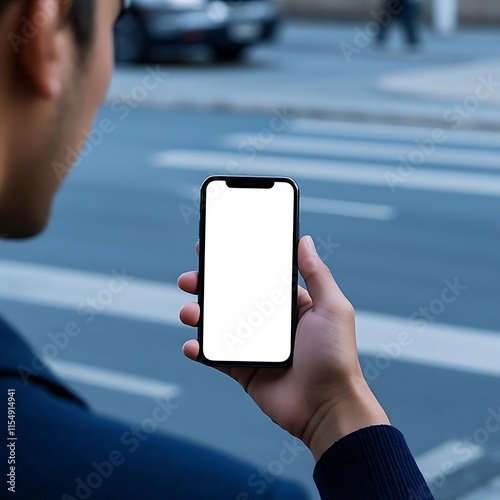 A realistic smartphone mockup featuring a blank white screen, held in a person's hand with a blurred urban background, showcasing a vibrant and dynamic environment.