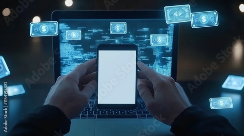 Man using a smartphone and laptop with blank screens showing a hologram of a digital wallet and emoney icons Focus on finance mobile banking and ecommerce photo