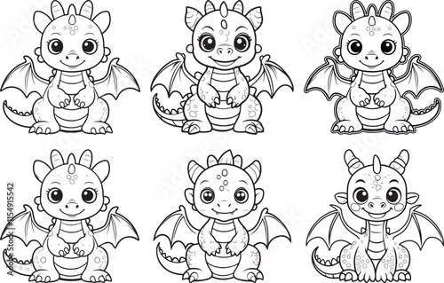 A cute baby dragon set line art vector , a cute baby dragon silhouette vector illustration design photo