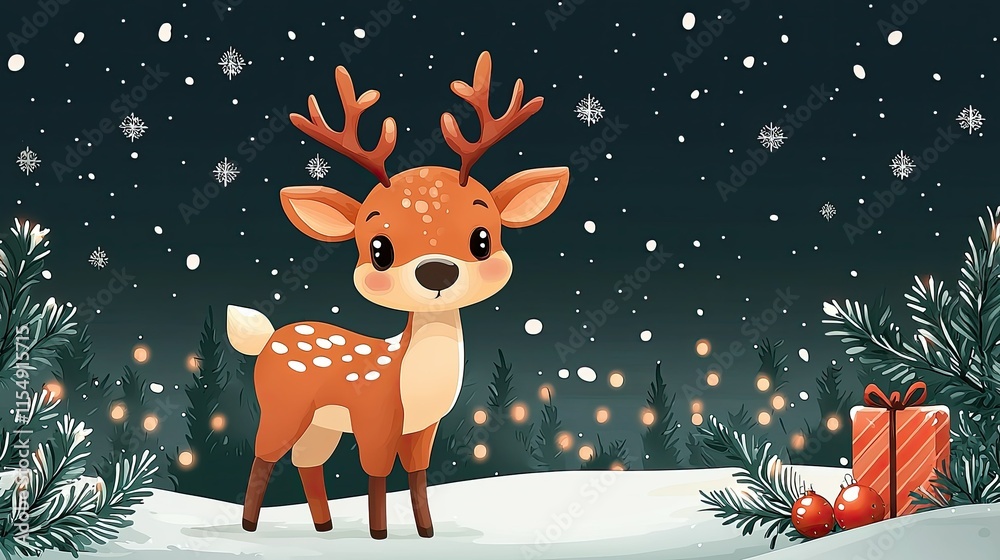 A cute cartoon deer stands in a snowy landscape, surrounded by festive decorations. A cute cartoon deer stands in a snowy landscape, surrounded by festive decorations.