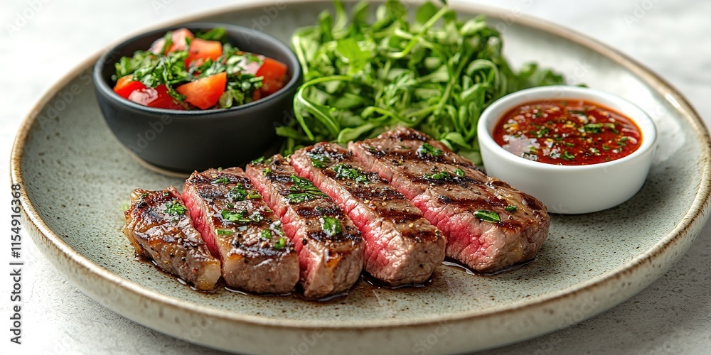 Grilled beef steak with herb and spices. Portion of fried meat cuts with rosemary, garlic, olive oil and ketchup sauce Grilled beef steak with herb and spices. Portion of fried meat cuts with rosemary, garlic, olive oil and ketchup sauce