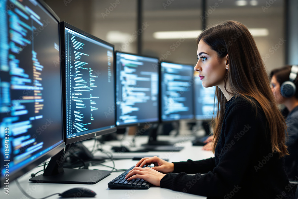 Woman coding at multiple monitors in a modern workspace. Woman coding at multiple monitors in a modern workspace.