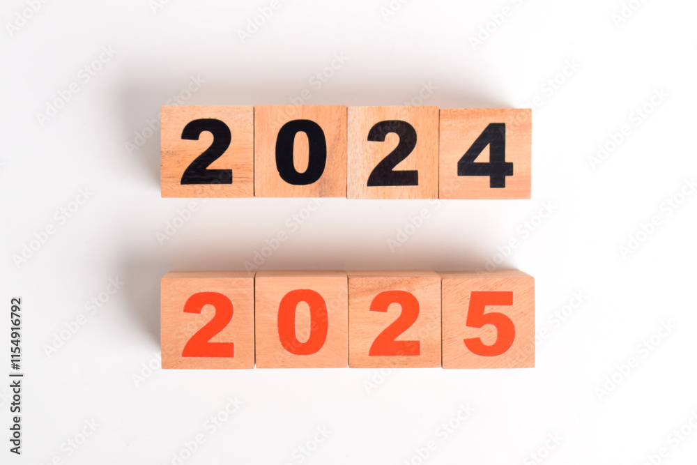 Transitional changes from 2024 to 2025 on white background. Welcome new year 2025 and goodbye 2024 concept. Transitional changes from 2024 to 2025 on white background. Welcome new year 2025 and goodbye 2024 concept.