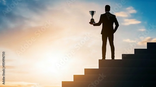 Wallpaper Mural Silhouette of a businessman holding a trophy at the top of a staircase during sunset Represents success leadership and determination to achieve goals Torontodigital.ca