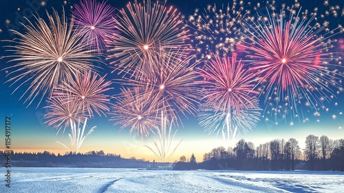 Colorful fireworks illuminating a serene snowy landscape under a clear night sky