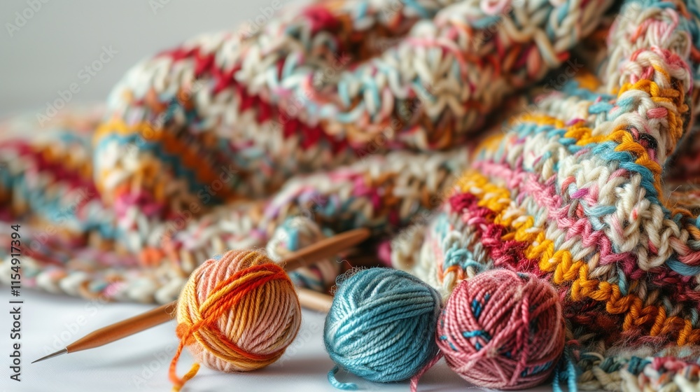 A knitting project in progress with yarn and needles on a white background A knitting project in progress with yarn and needles on a white background