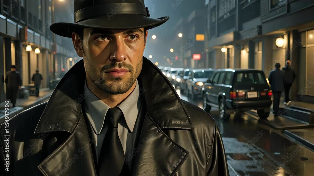 The Mysterious Shadow: A man in a fedora and trench coat stands on a rain-soaked city street, his gaze intense and enigmatic. The blurred background suggests a world of secrets, danger, and intrigue. The Mysterious Shadow: A man in a fedora and trench coat stands on a rain-soaked city street, his gaze intense and enigmatic. The blurred background suggests a world of secrets, danger, and intrigue.