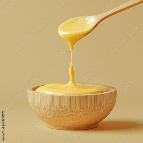 Creamy yellow cheese sauce dripping from wooden spoon into bowl, set against soft beige background, evokes sense of warmth and comfort
