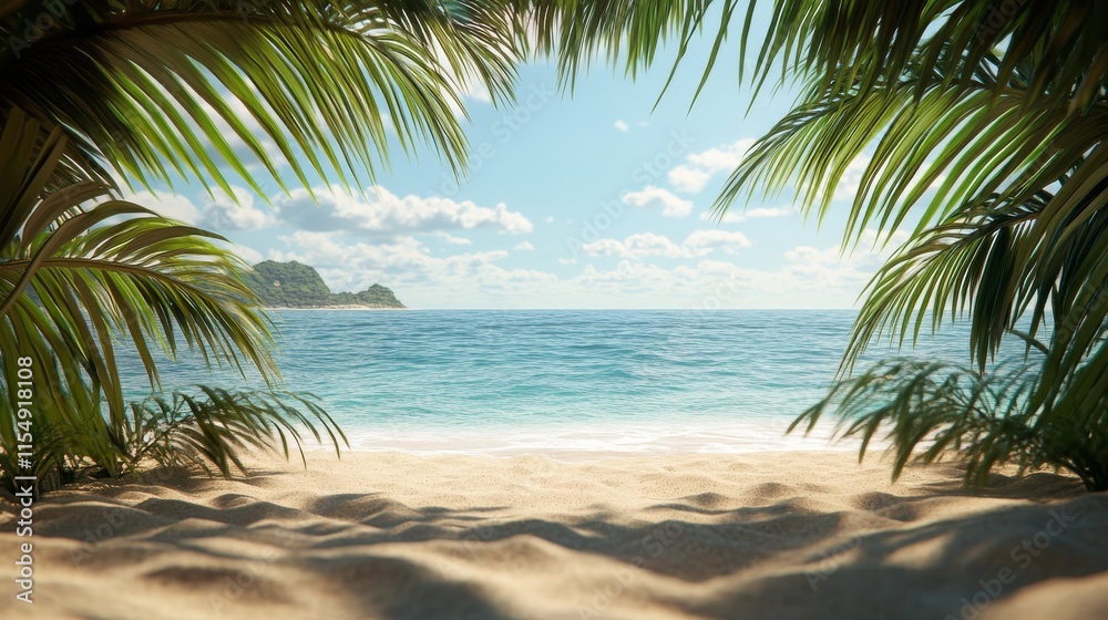Luxurious beachfront perspective, dramatic palm leaf canopy, detailed sand texture foreground, transparent turquoise ocean waters, secluded island view distance, scattered white clouds, Luxurious beachfront perspective, dramatic palm leaf canopy, detailed sand texture foreground, transparent turquoise ocean waters, secluded island view distance, scattered white clouds,