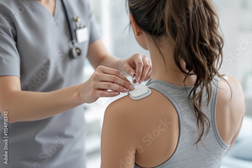 Nurse attaching medical device on patient's upper back in a clinical setting. photo