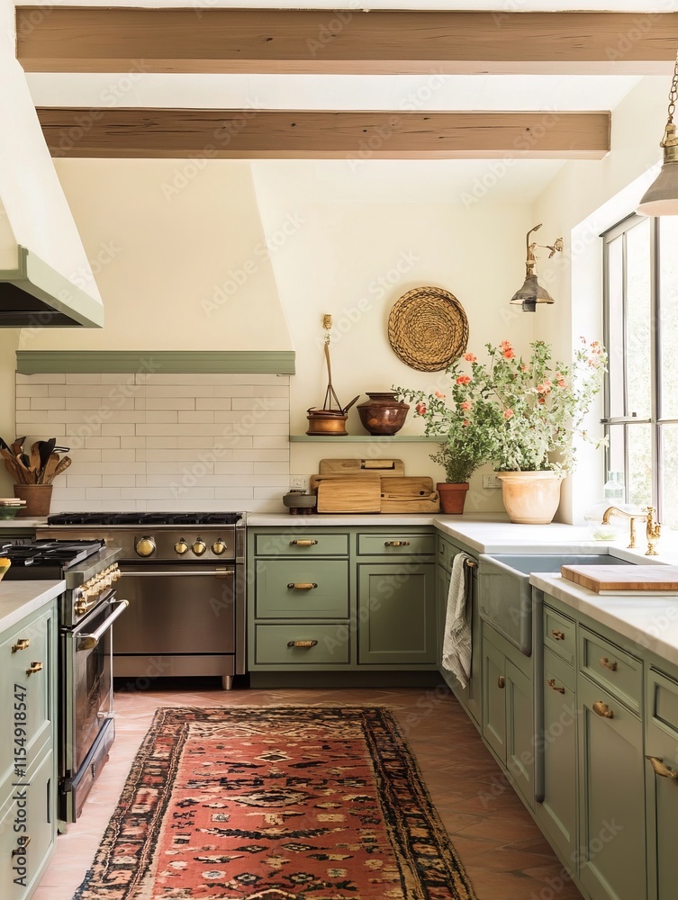 Fototapeta premium Elegant Green Kitchen With Wooden Beams And Vintage Rug