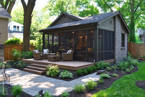 Small patio with pavers and screened-in porch, enclosed seating and dining area measuring 20x10 feet.