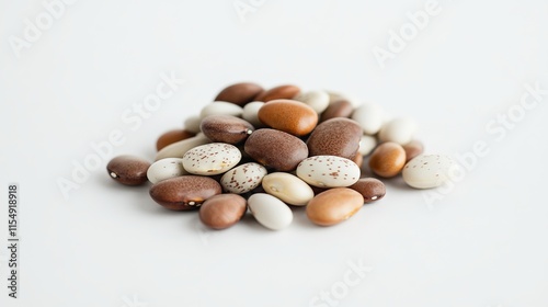 Tepary Beans (Phaseolus acutifolius): A small heap of tepary beans, oval-shaped with a mix of tan and white hues, set on a clean white background.  photo