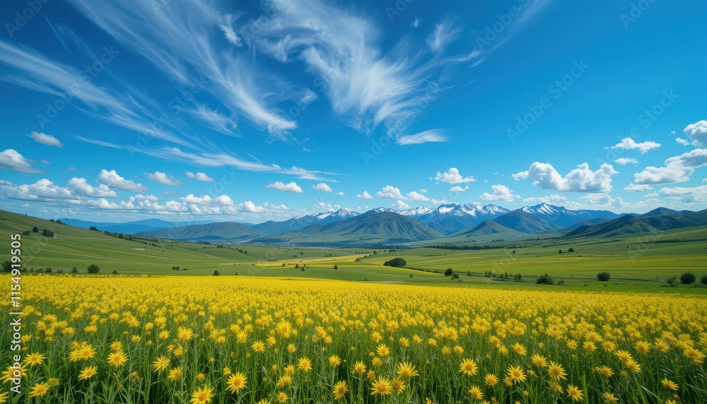Obraz premium Yellow Flowers Bloom Beneath a Blue Sky and Mountains
