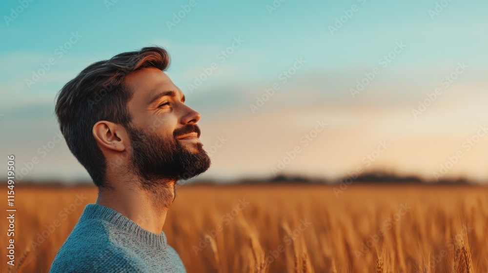 Serene portrait of a man with a content smile, basking in the golden hues of sunset in a wheat field