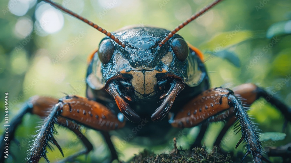 Fototapeta premium Striking macro shot of a beetle face with intricate details, captured in its natural environment