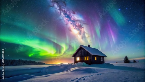 A secluded cabin glows warmly under the breathtaking spectacle of the aurora borealis and the celestial Milky Way