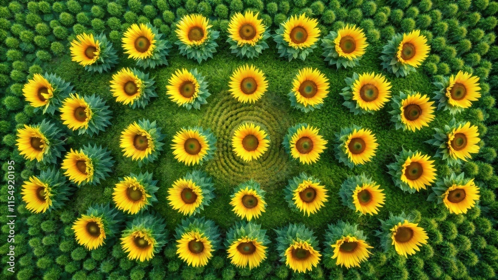 A captivating aerial view of a vibrant sunflower arrangement, meticulously planted in a circular pattern on a lush green field, creating a stunning natural design. A captivating aerial view of a vibrant sunflower arrangement, meticulously planted in a circular pattern on a lush green field, creating a stunning natural design.
