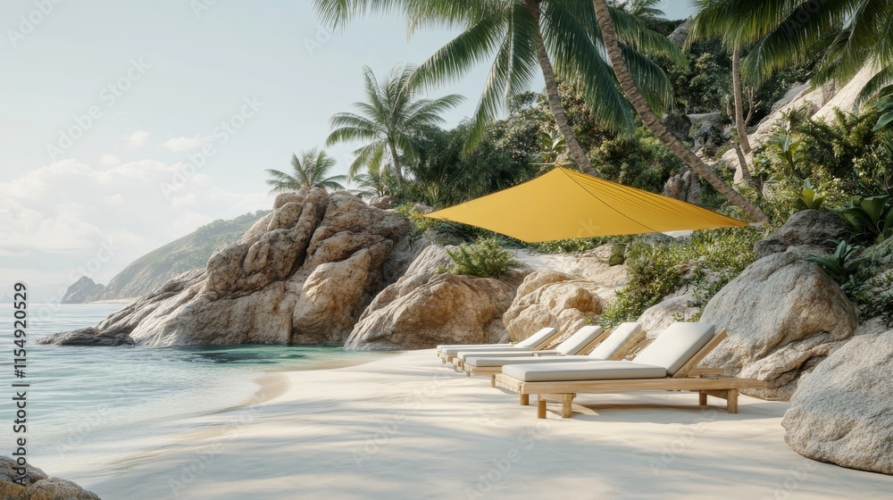 Naklejka premium Hidden tropical oasis, leaning palm tree grove, weathered rocky outcrop, beach loungers arrangement, pastel yellow sunshade, crystal clear waters, natural coastal path, dreamy beach photography,