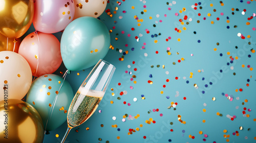 Vibrant celebration with colorful balloons, shimmering confetti, and a glass of champagne against a bright teal background