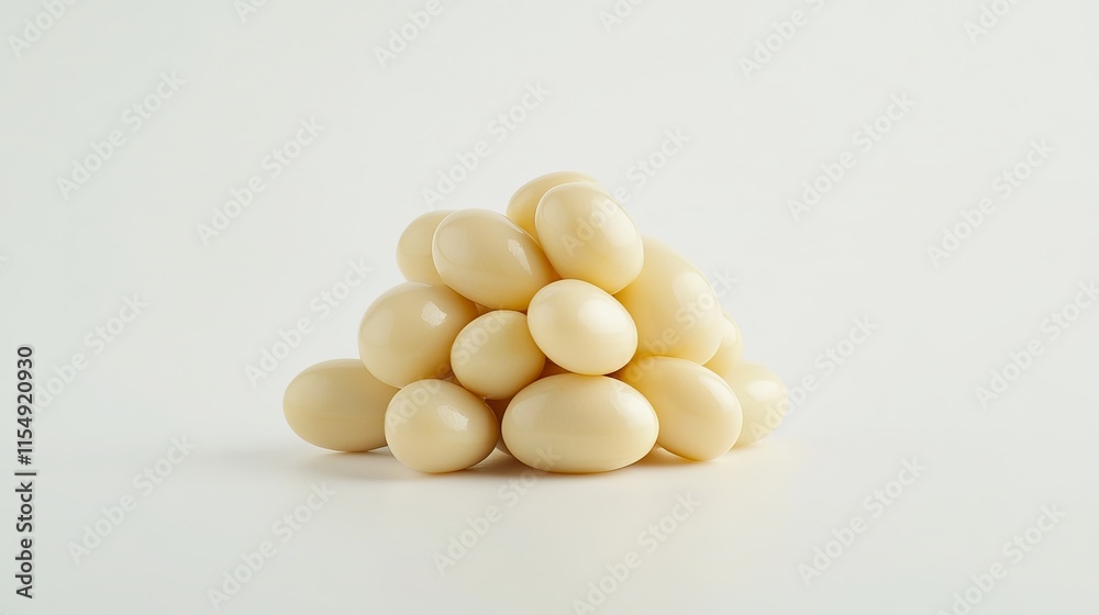 Soybeans (Glycine max): A cluster of raw soybeans with a pale yellow hue and rounded shape, displayed on an isolated white background Soybeans (Glycine max): A cluster of raw soybeans with a pale yellow hue and rounded shape, displayed on an isolated white background