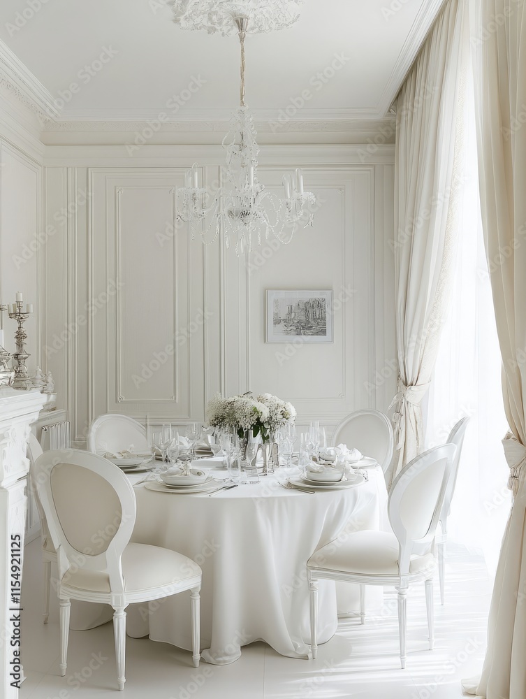 Elegant White Dining Room Interior Design with Crystal Chandelier Elegant White Dining Room Interior Design with Crystal Chandelier