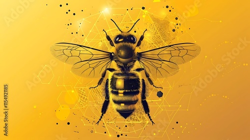 A detailed illustration of a honeybee, superimposed on a geometric pattern against a yellow background. photo