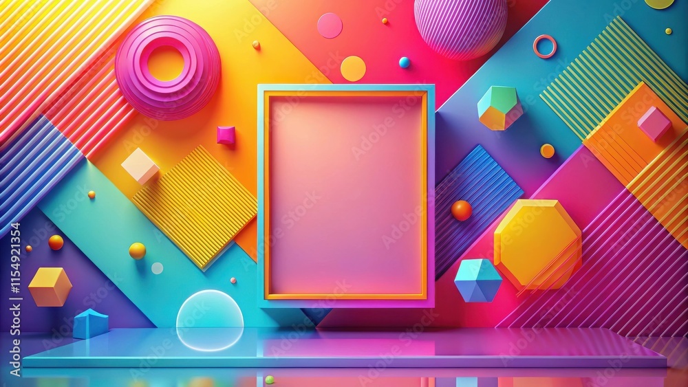 Vibrant Abstract Composition Featuring a Blank Rectangular Frame Surrounded by Geometric Shapes and Colorful Stripes Vibrant Abstract Composition Featuring a Blank Rectangular Frame Surrounded by Geometric Shapes and Colorful Stripes