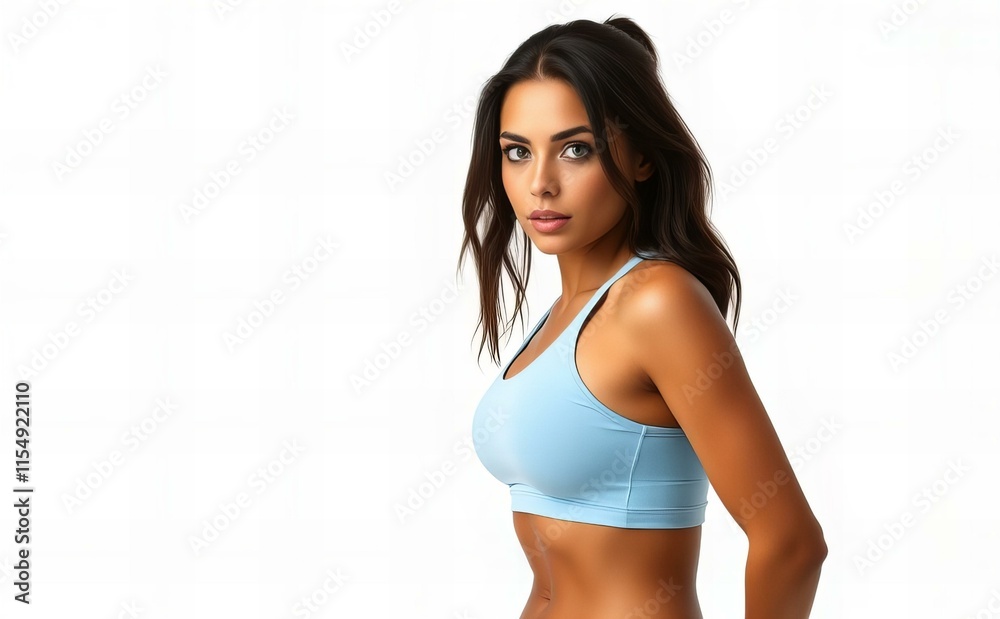 Fototapeta premium Elegant Picture Fitness woman wearing a baby blue crop top and red shorts.